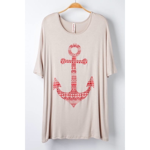 New Taupe Nautical Abstract Anchor Print T-Shirt - Picture 1 of 8